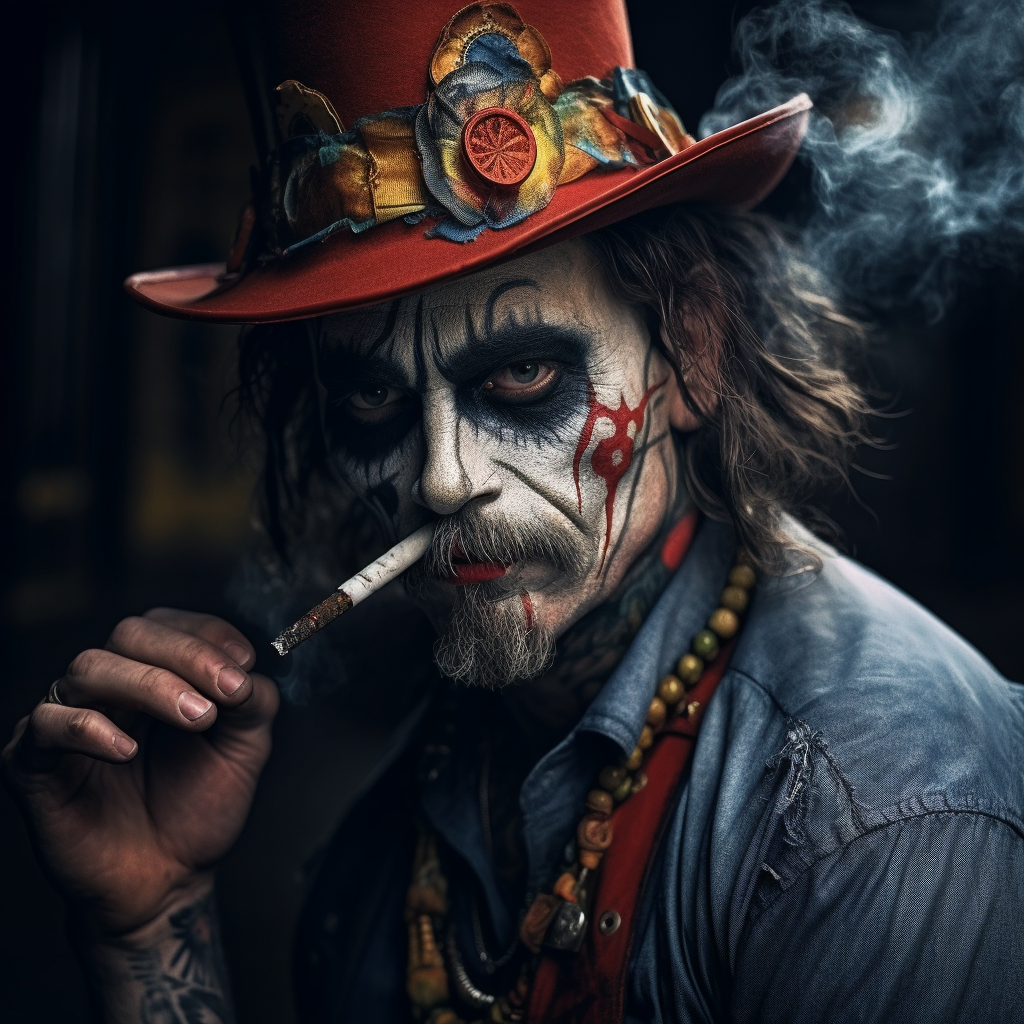 Hyperrealistic Gang Member Clown Smoking a Cigar