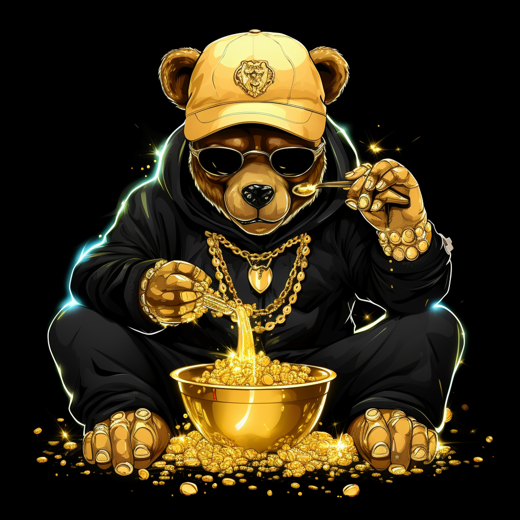 Cartoon gangsta teddy bear pouring gold cereal