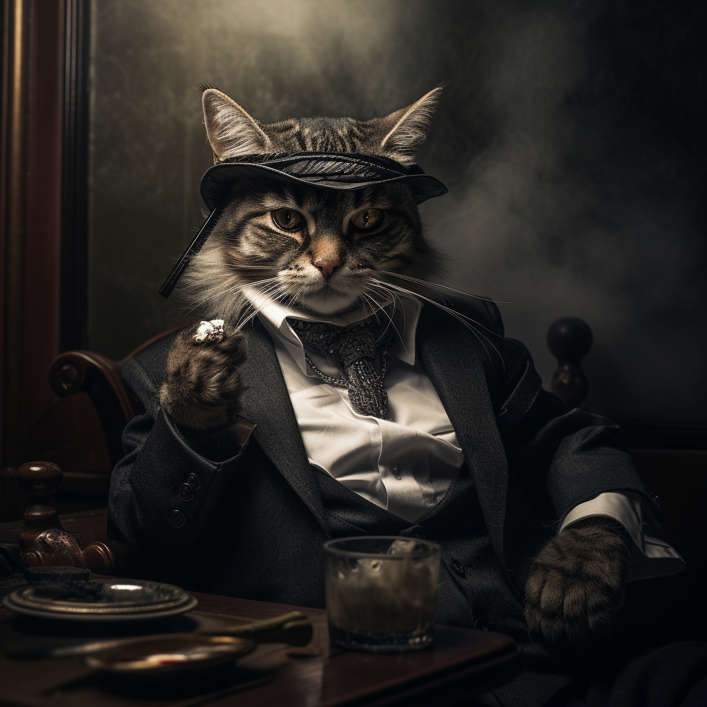 Gangster cat smoking with revolver in bath