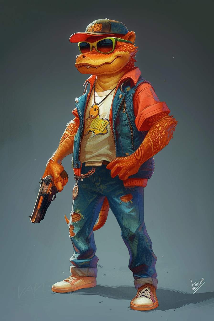 Gangster Geko Holding Gun Baseball Jacket Jeans