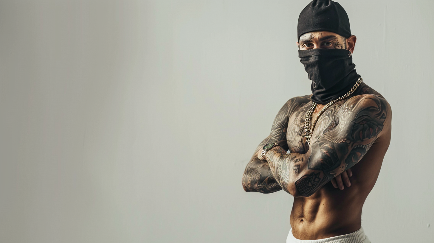 Gangster with ski mask and tattoos