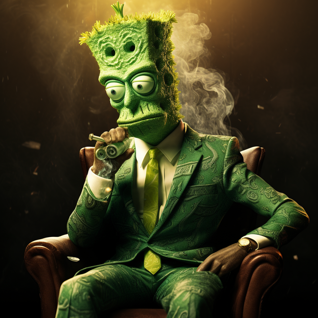 Gangster SpongeBob with money in green suit