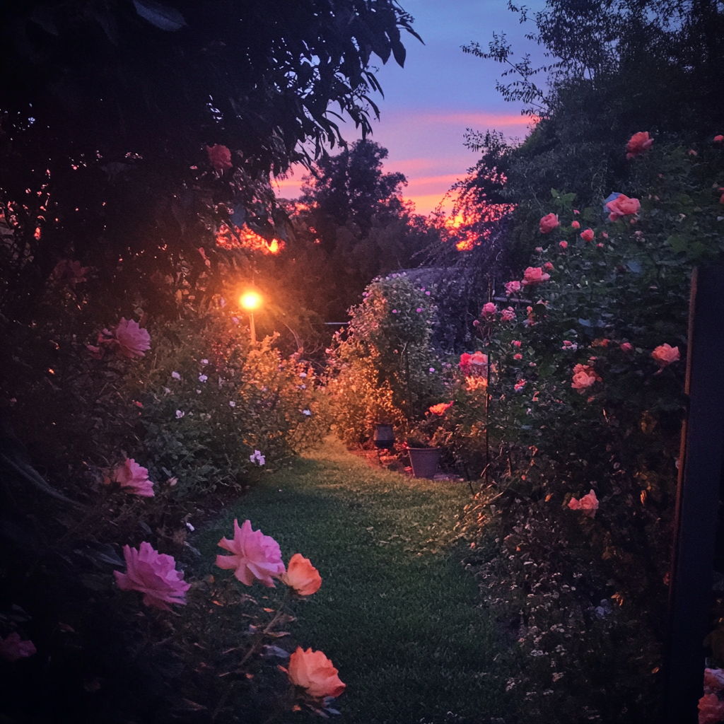 Twilight garden with glowing flowers