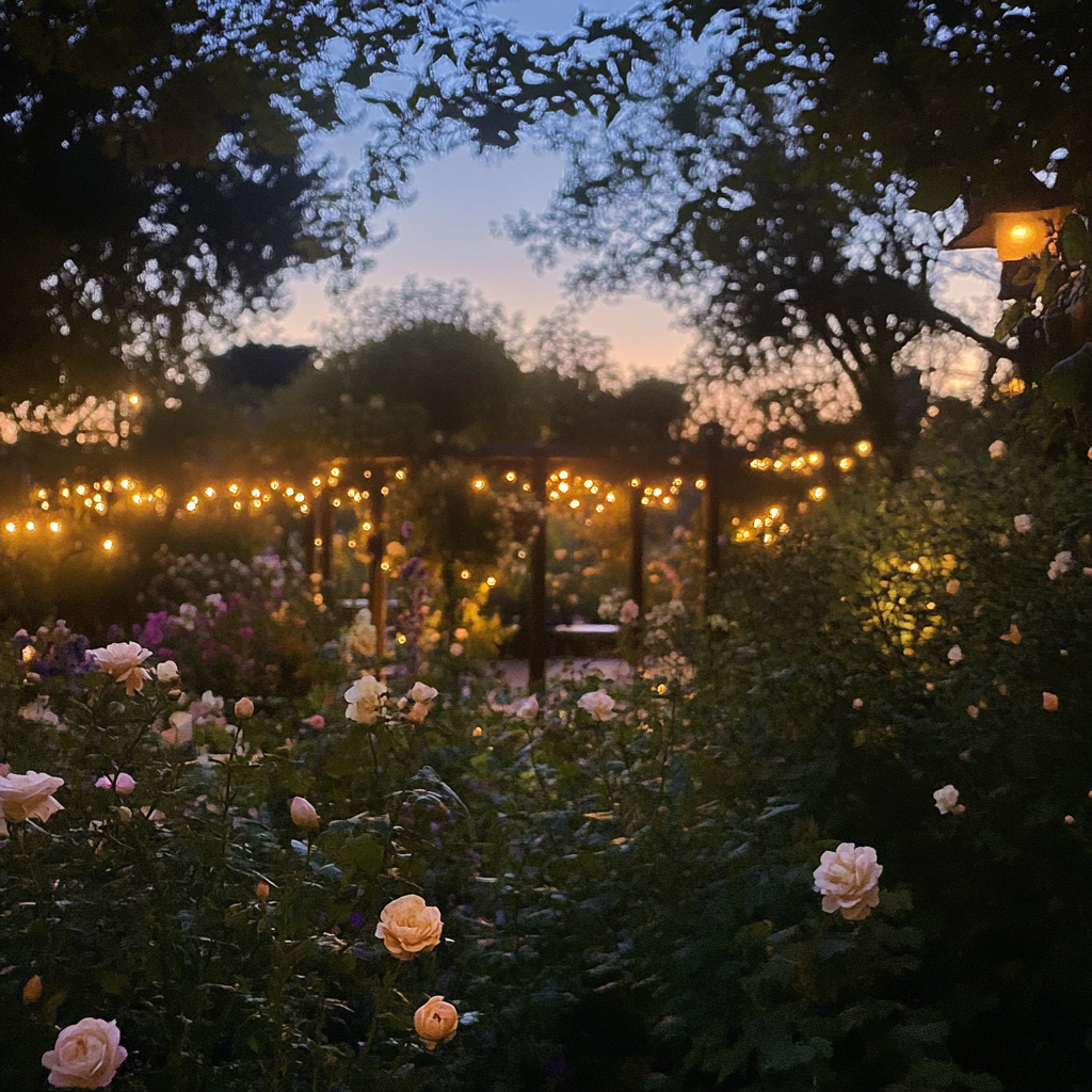 Twilight garden with glowing flowers