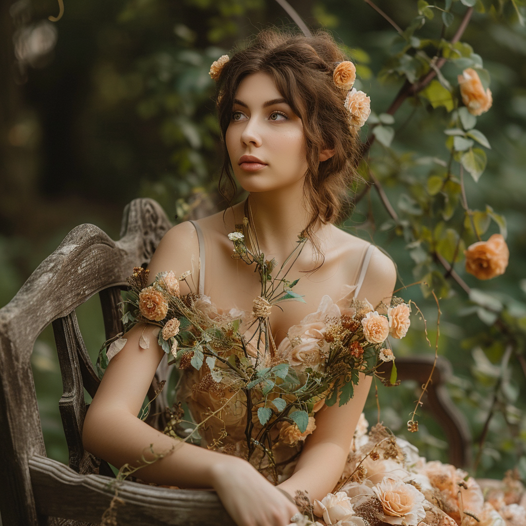 Woman with Flower Hair Sitting on Garden Bench