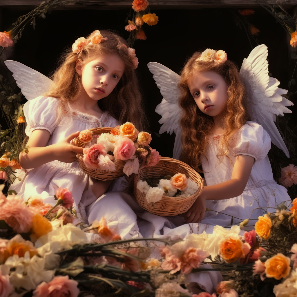 Cute angel kids surrounded by real garden flowers