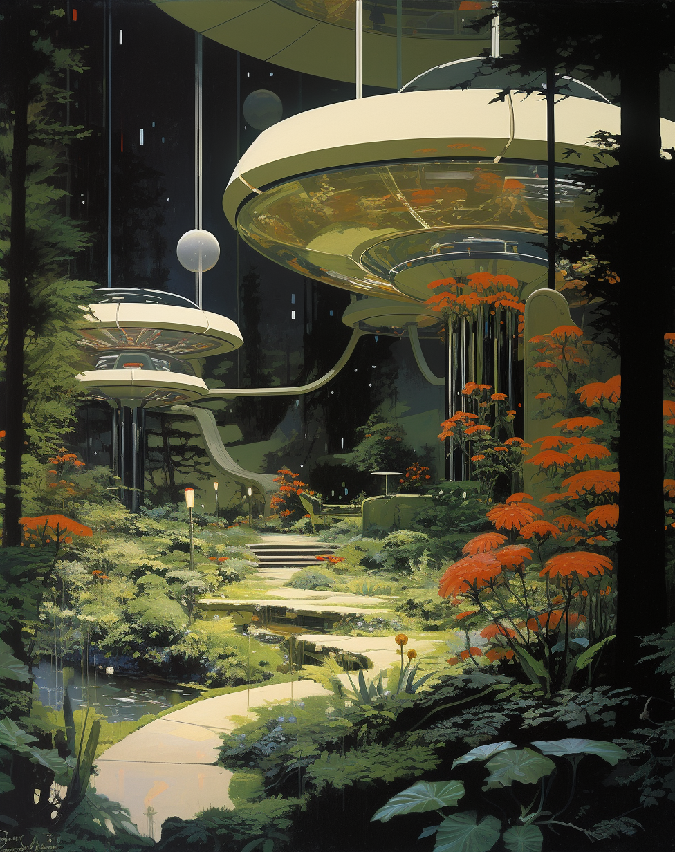 Beautiful sci-fi garden painting by Syd Mead