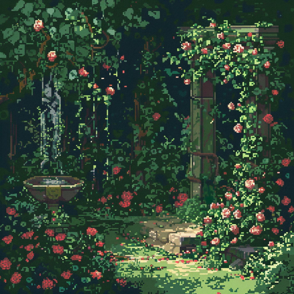 Pixel art of green roses garden