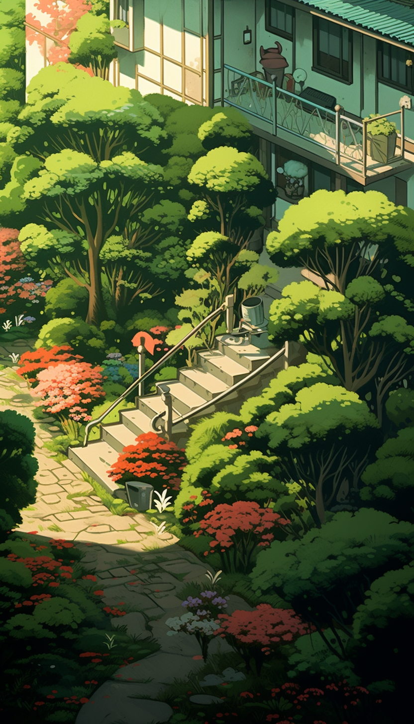 Serene garden scene in Miyazaki style