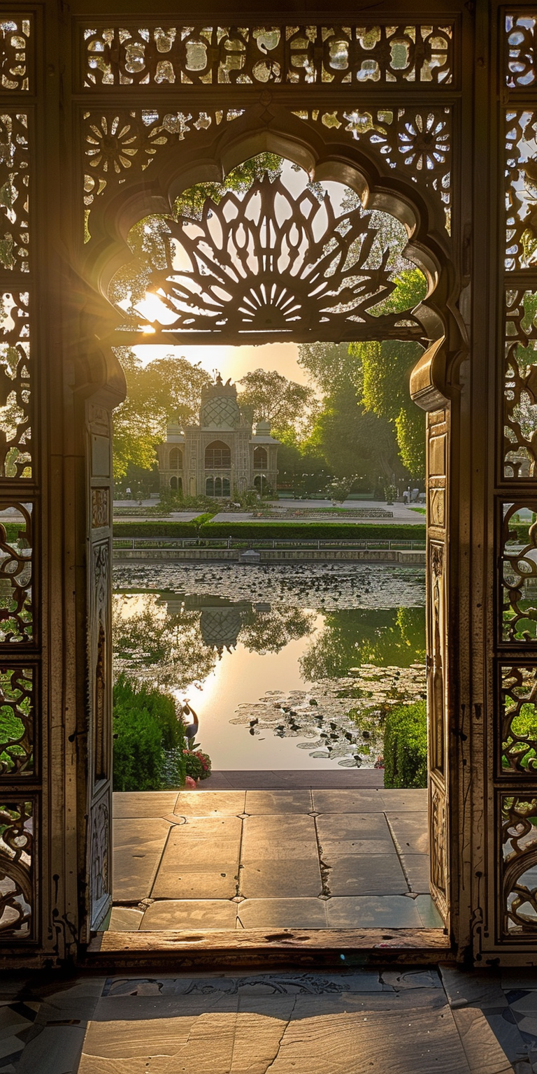 Sunrise garden peacocks lake gate