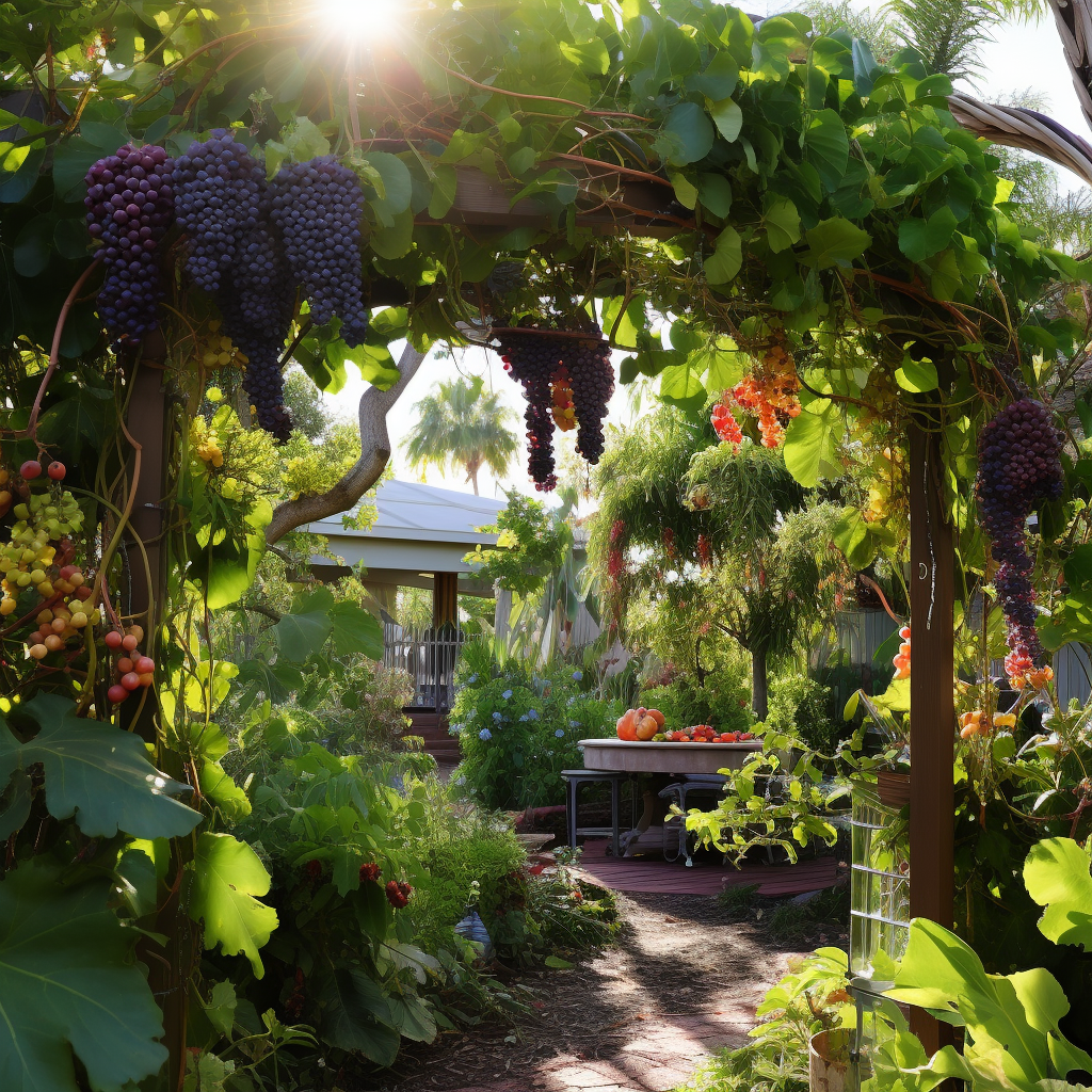 Lush garden with climbing vines and fruit trees