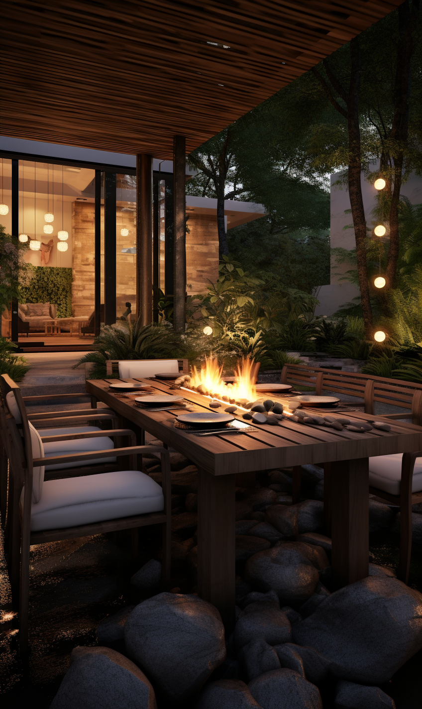 Exterior Dining Space with Fire Pit