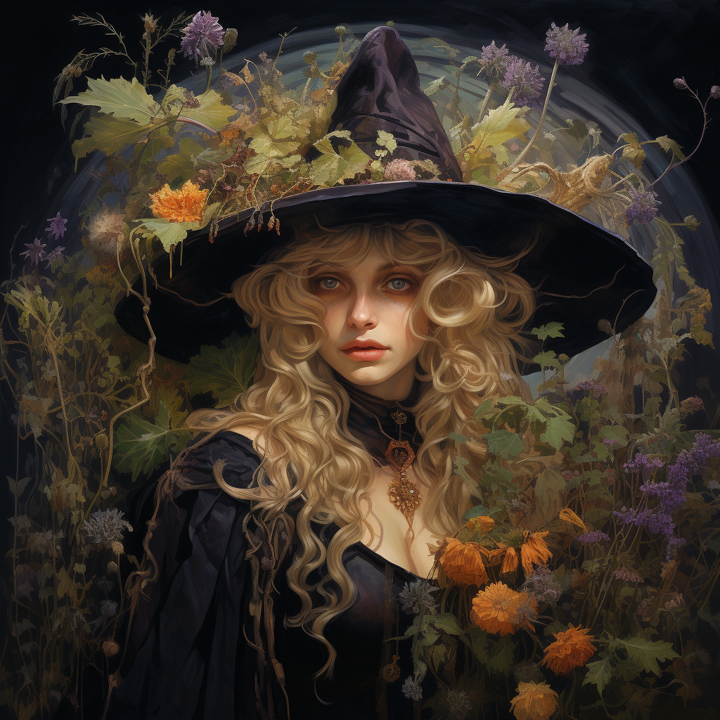 Enchanting Garden Witch casting spells among blooming flowers