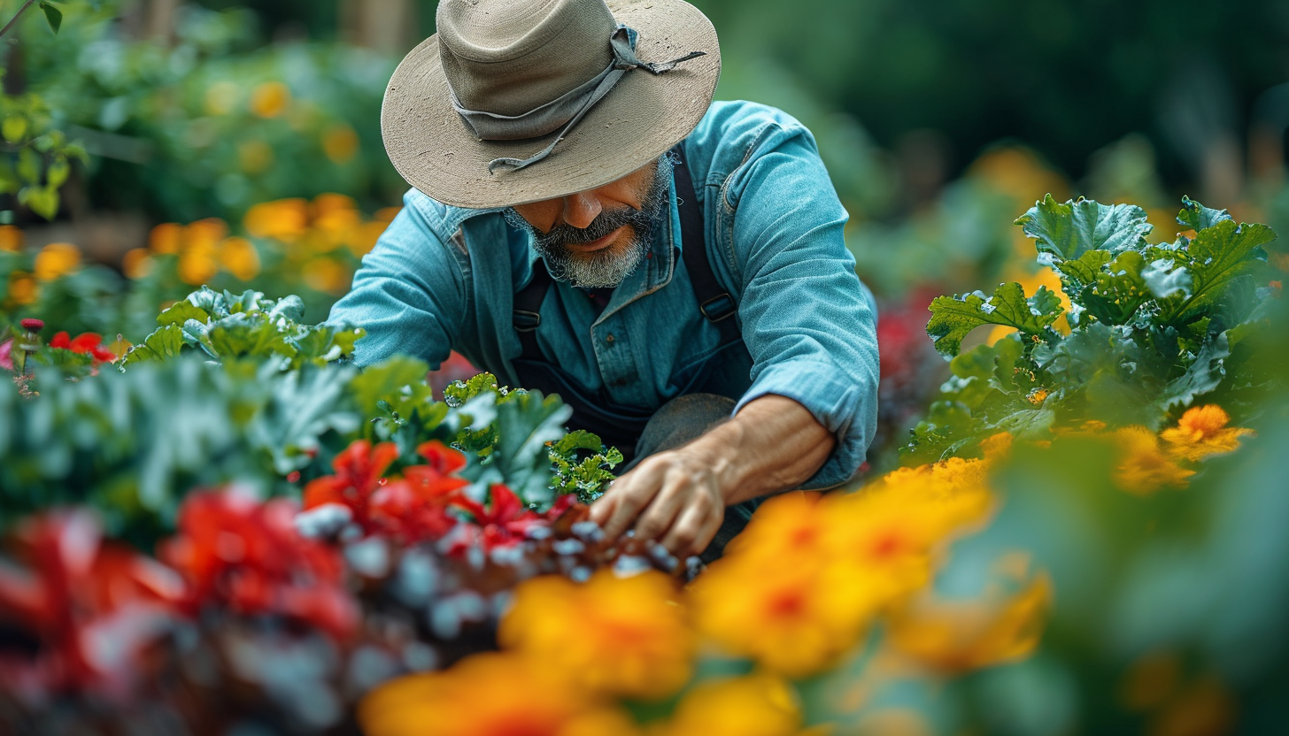 Gardener Tending Plants in Field