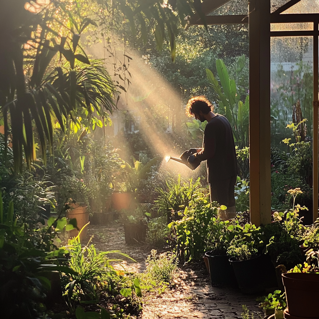 gardener watering plants morning sunlight