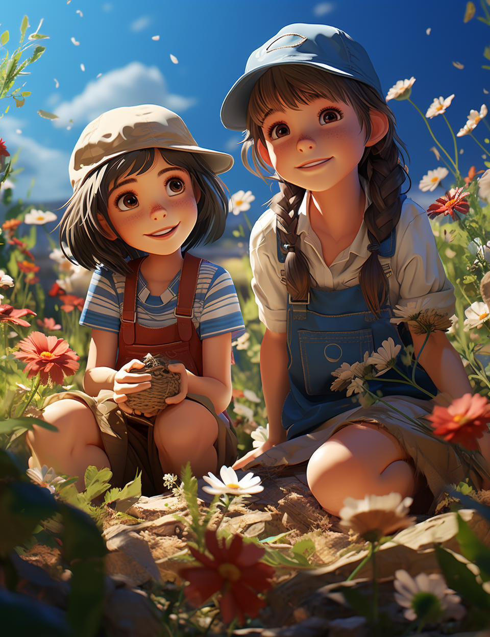 Two kids gardening under blue sky