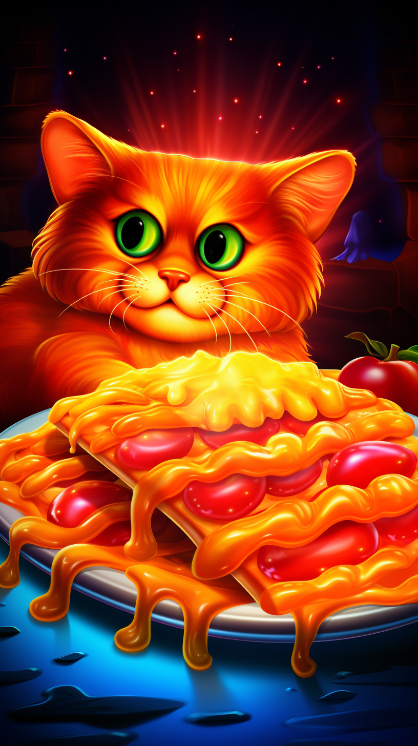 Garfield craving lasagna and looking hungry