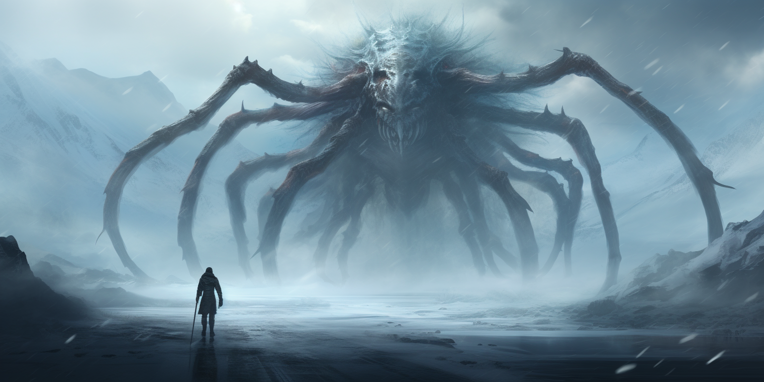 Massive Ice Spider Walking in Blizzard