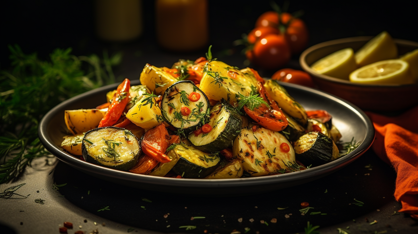 Colorful garlic herb roasted vegetable salad on plate