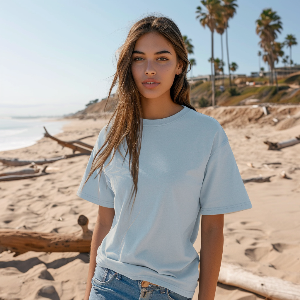 Beachy Model Wearing Light Blue T-Shirt