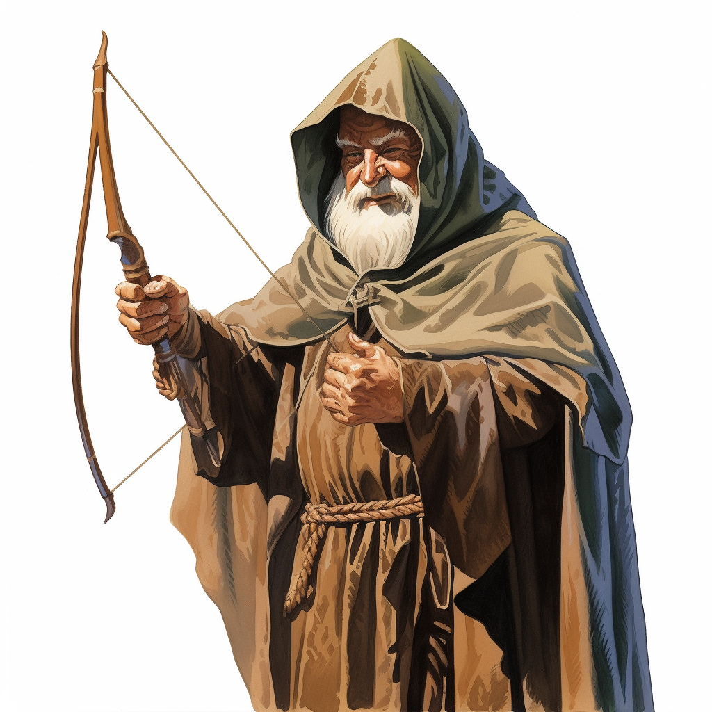 Humorous image of a robed man with a crossbow