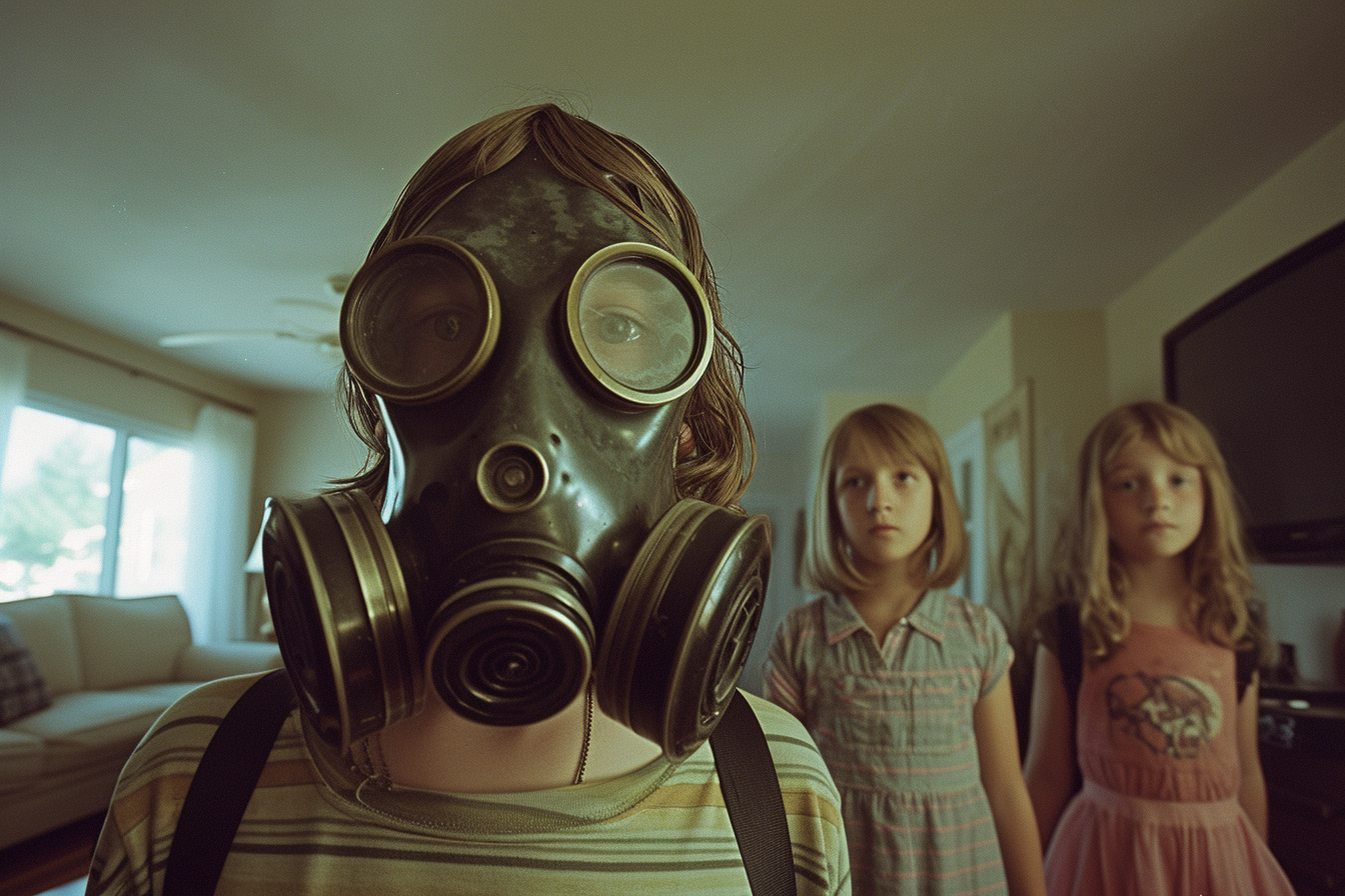 Gas Mask Man with Puzzled Children