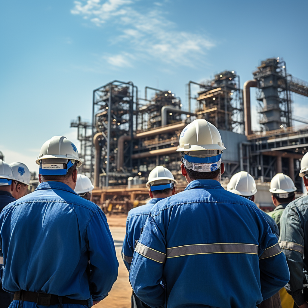 Group of Workers in Blue Tops at Gas Power Plant