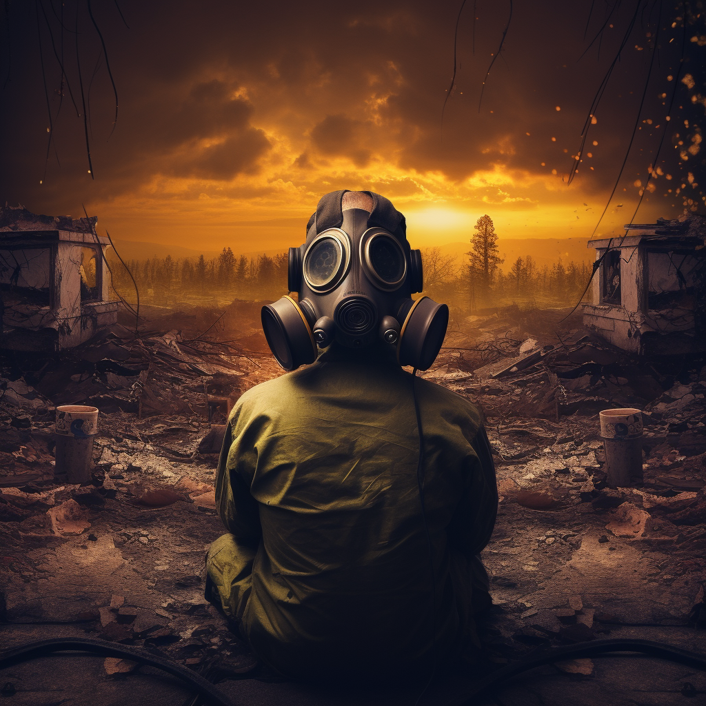 Person with Gasmask Listening to Explosive Music