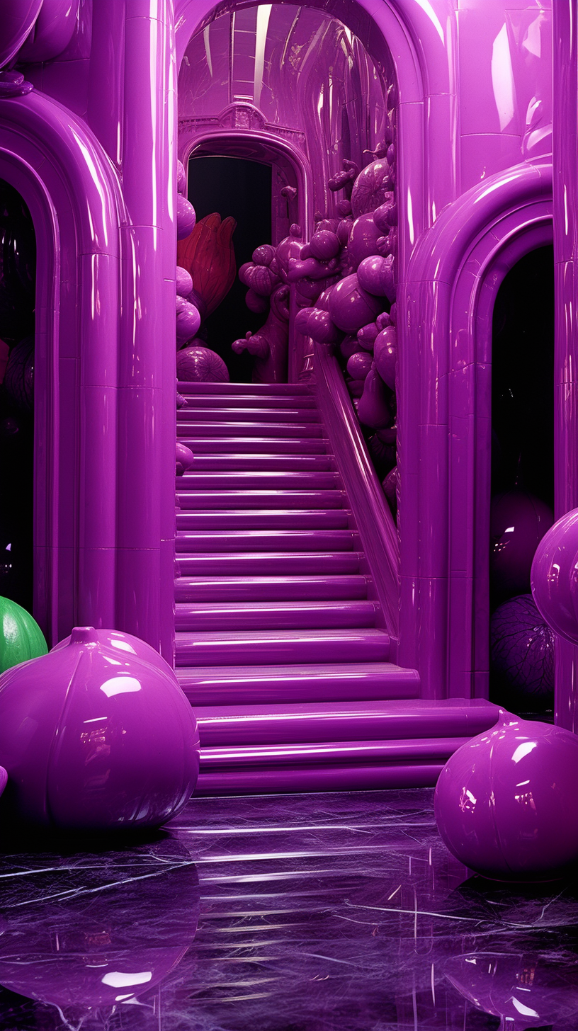 Colorful gate of hell with shiny latex and eggplants