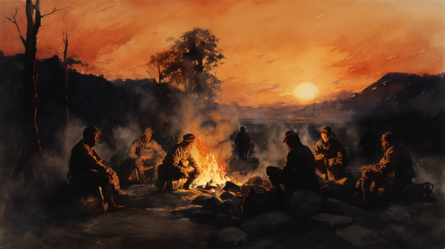 Silhouettes of soldiers around a night fire