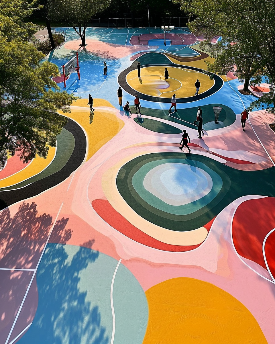 Athletes playing on colorful Gaudí and Picasso-themed field