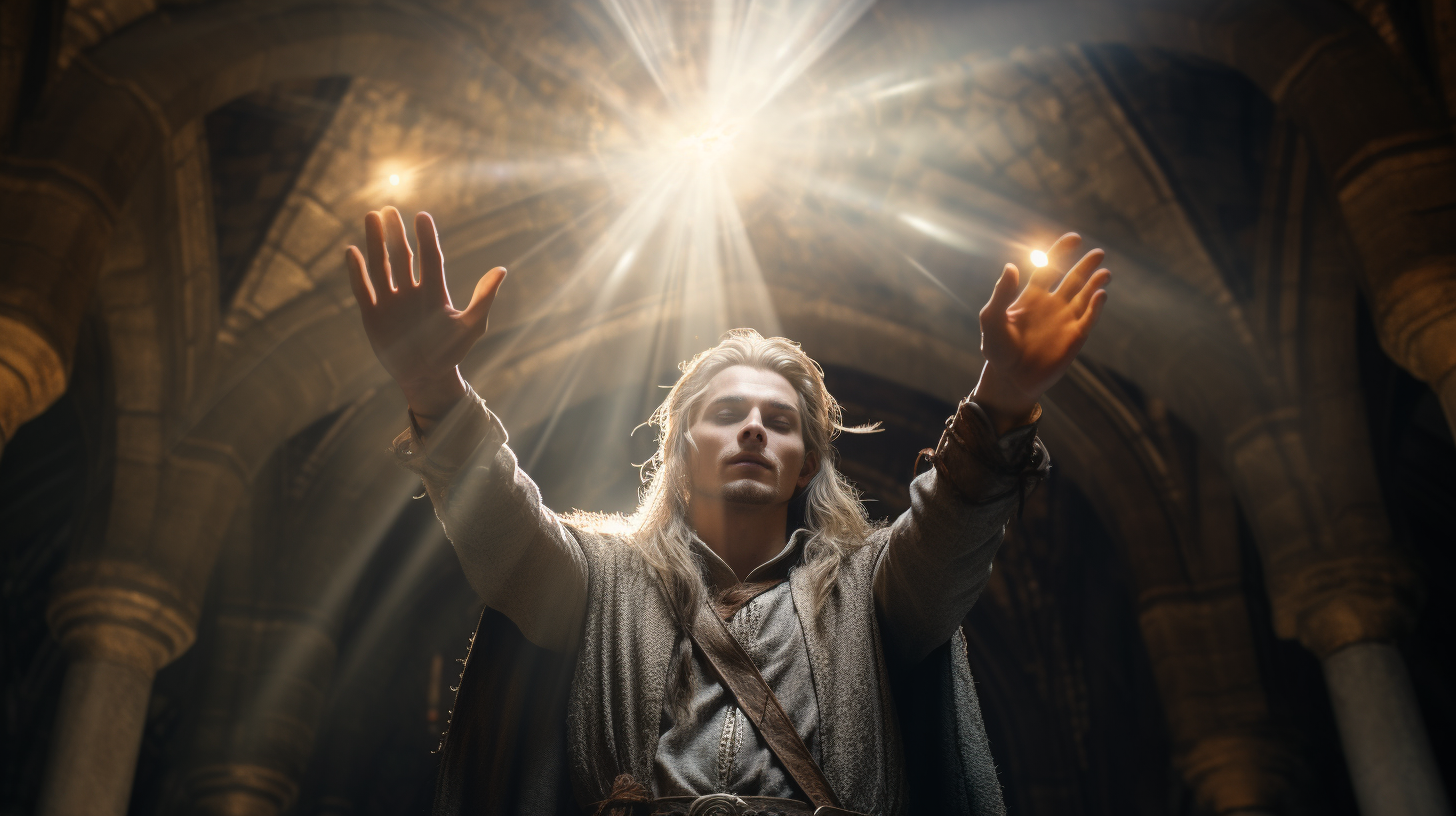 Gaunt male cleric casting divine light spheres