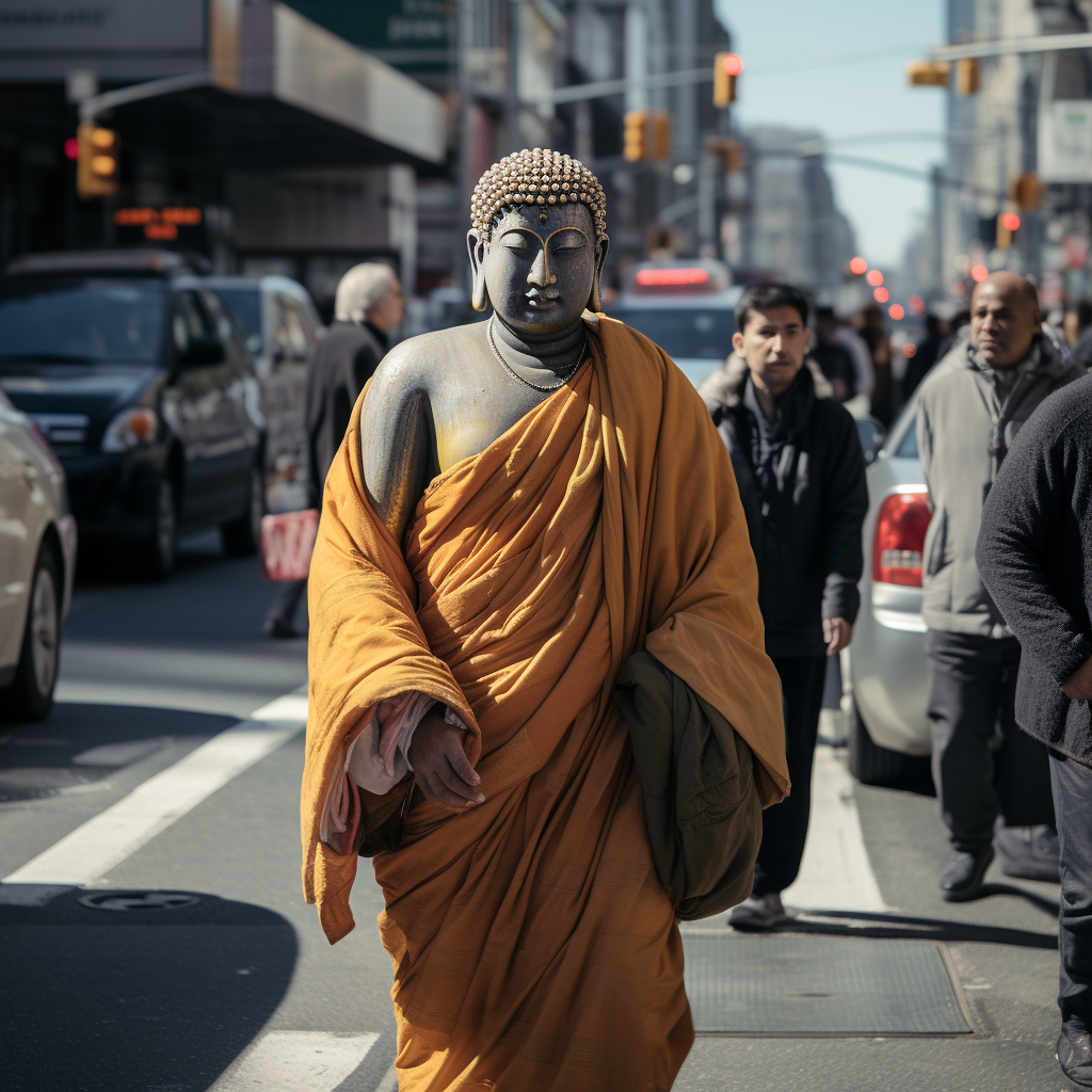 Peaceful Gautama Buddha walking in Manhattan's street