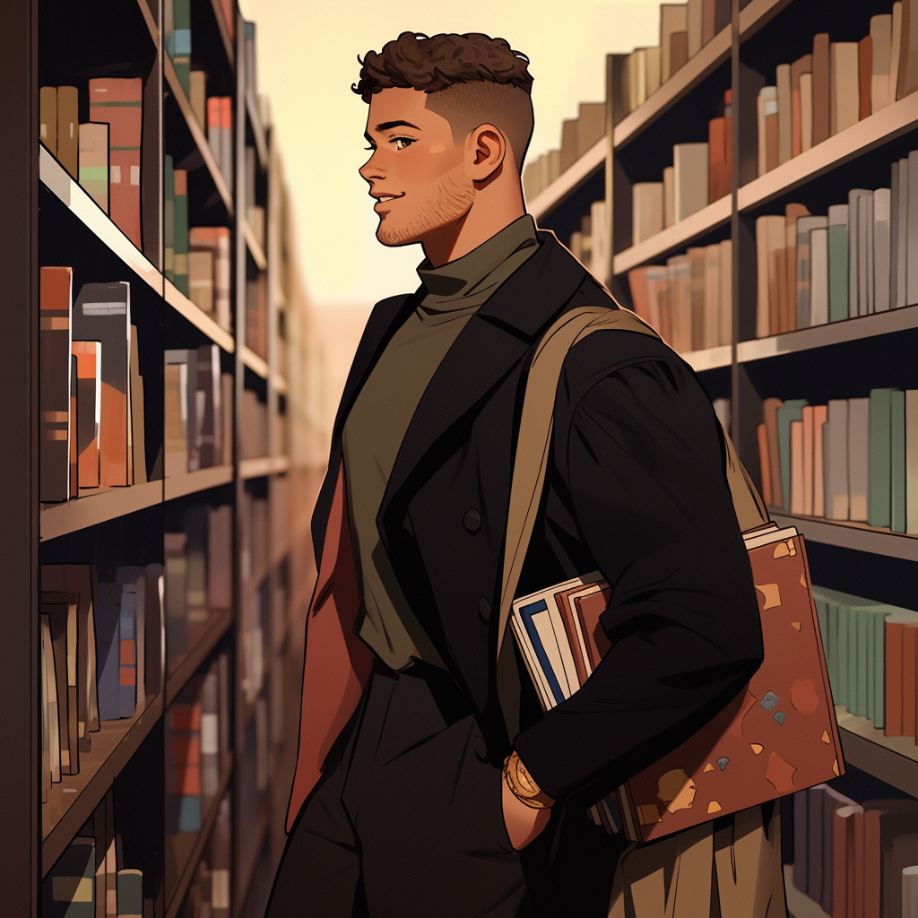 Colorful gay college professor in library