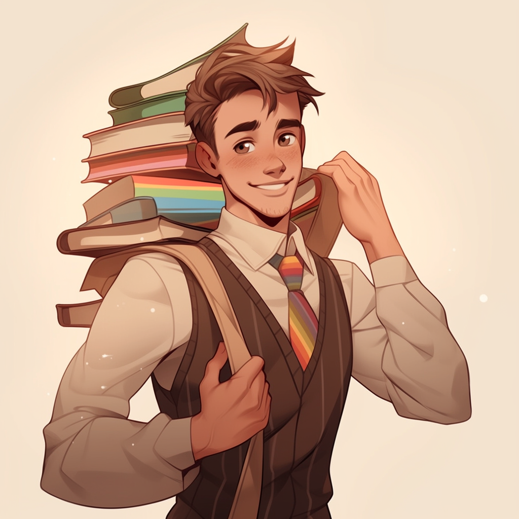 Gay college professor with books in library