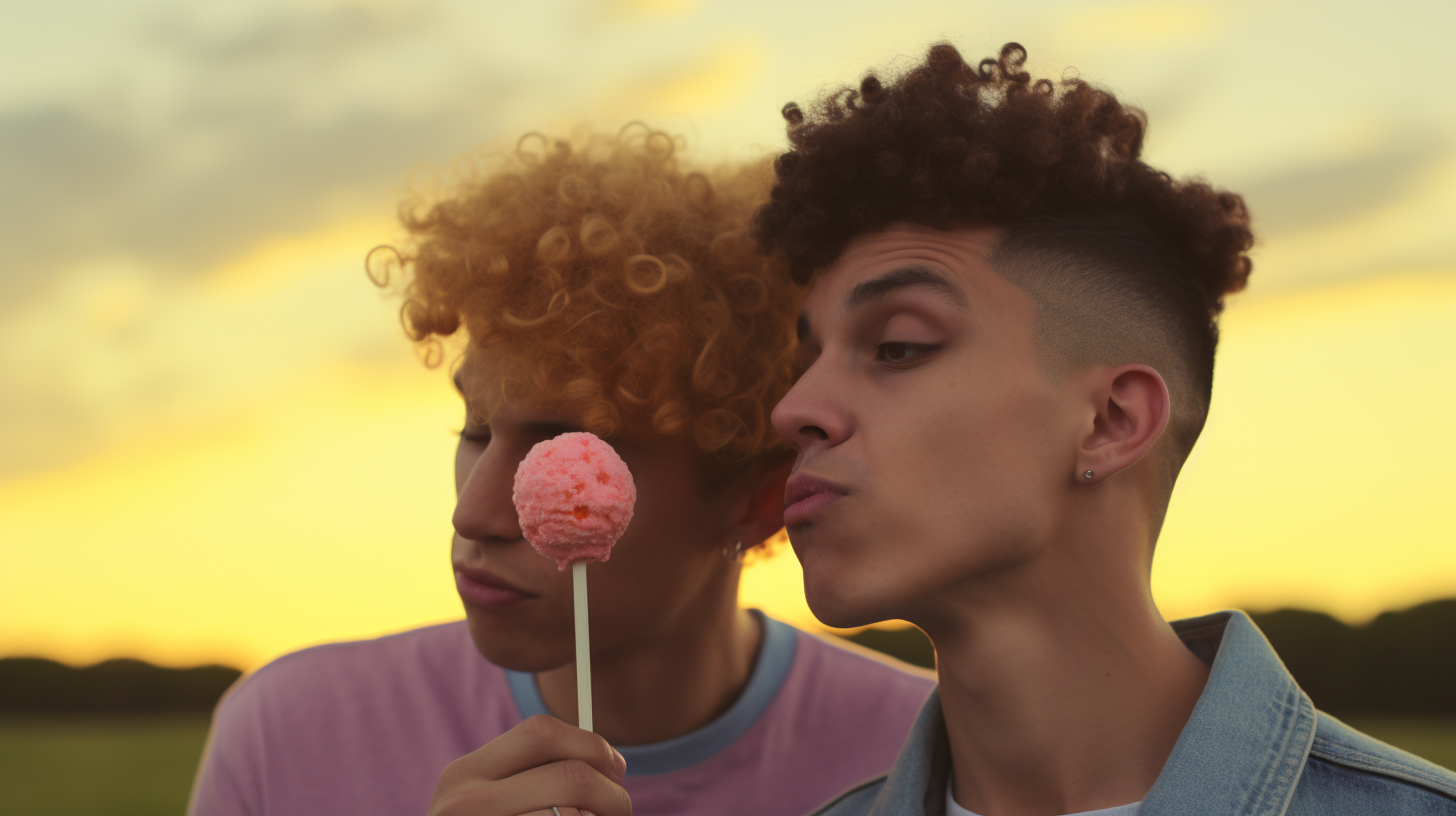 Gay couple enjoying lollipop together