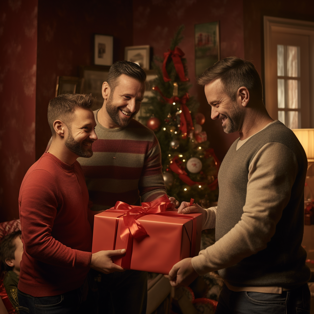 Gay Dads Admiring Child Opening Christmas Gift