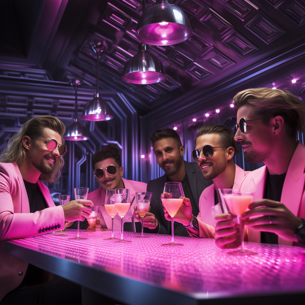 Gay guys enjoying cocktails in a futuristic pink bar