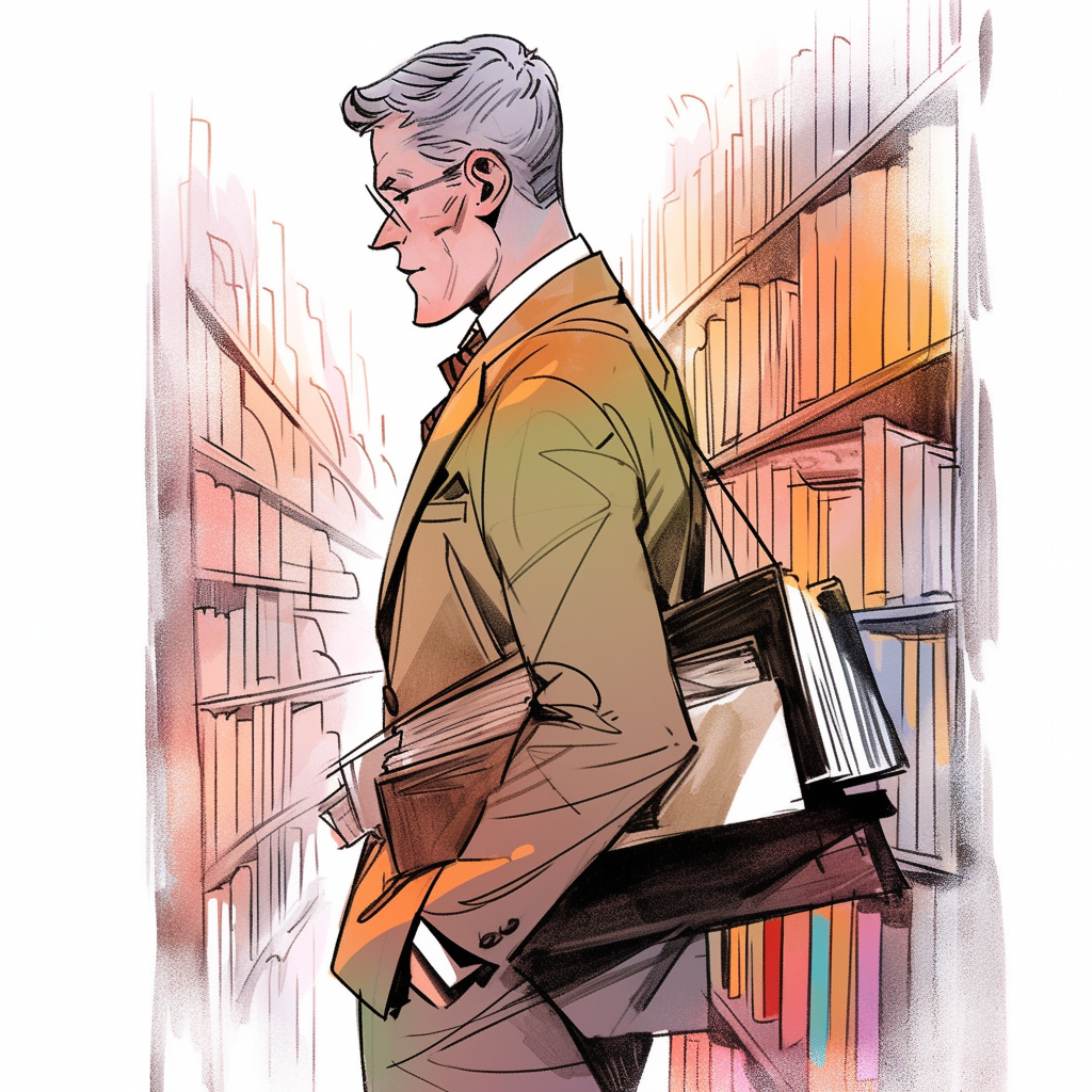 Gay male professor in library sketch