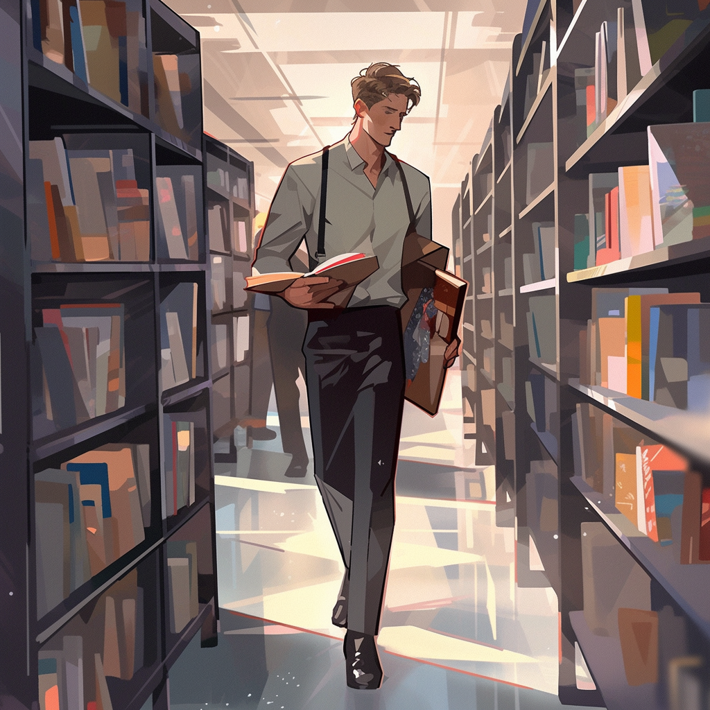 Gay male professor walking in school library