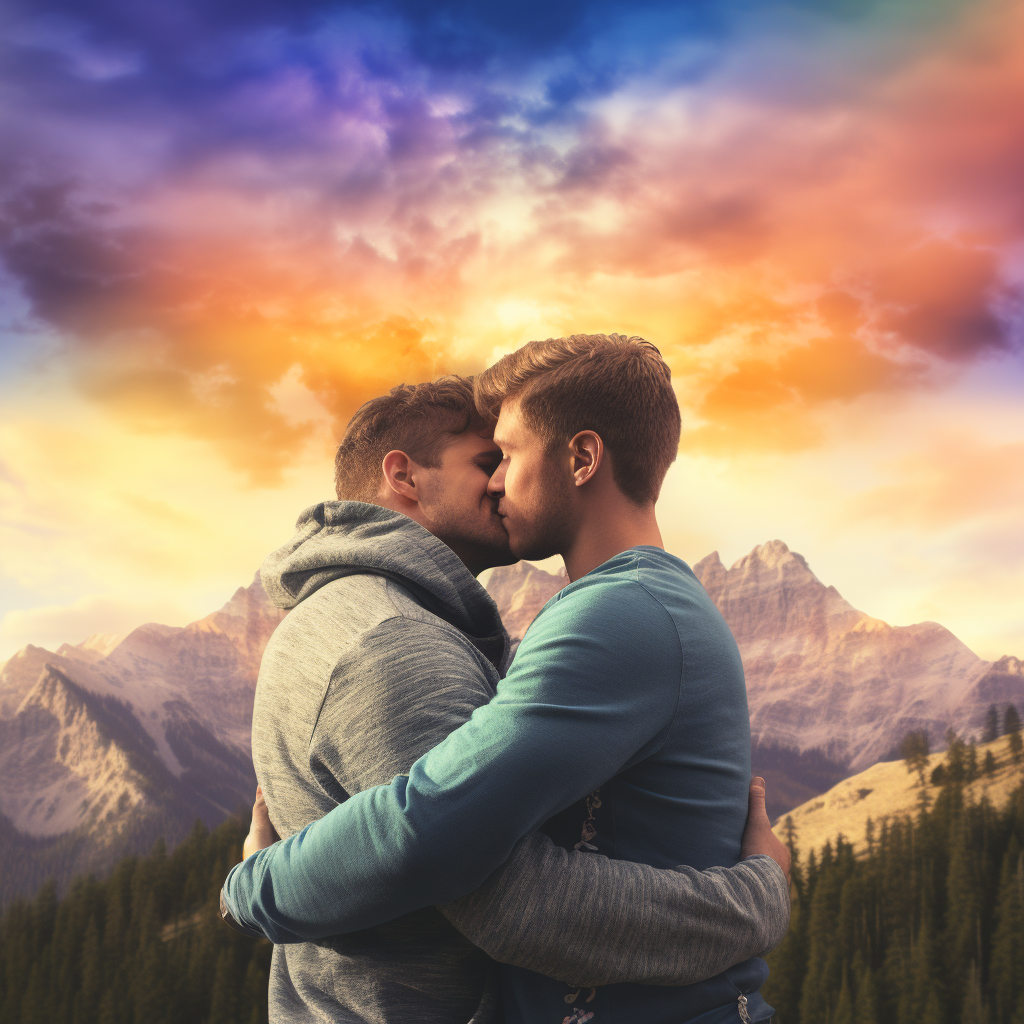 Gay men embracing with mountainscape and rainbow