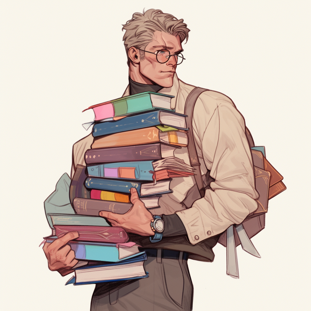 Gay professor carrying books in library sketch