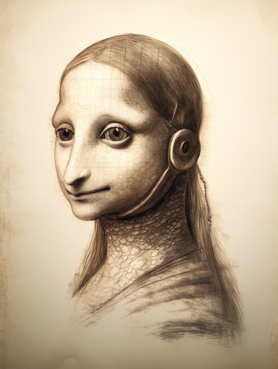 Gecko face sketch on Mona Lisa