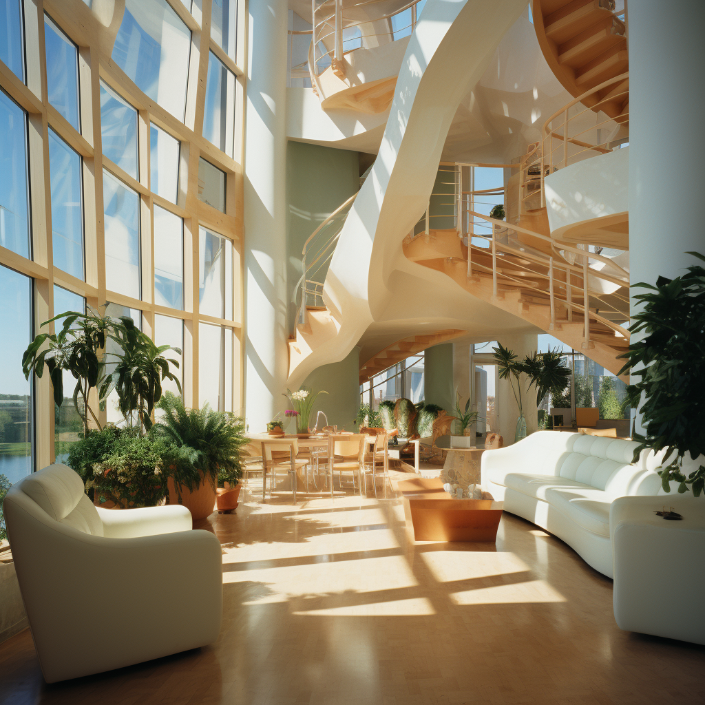 Aerial view of Gehry Tower surrounded by sea