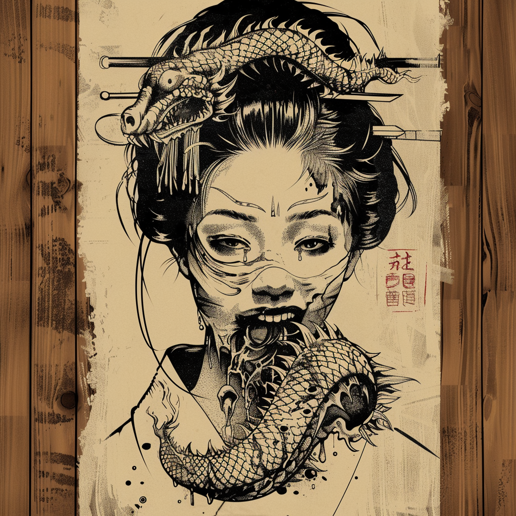 Geisha with Hannya Mask Illustration