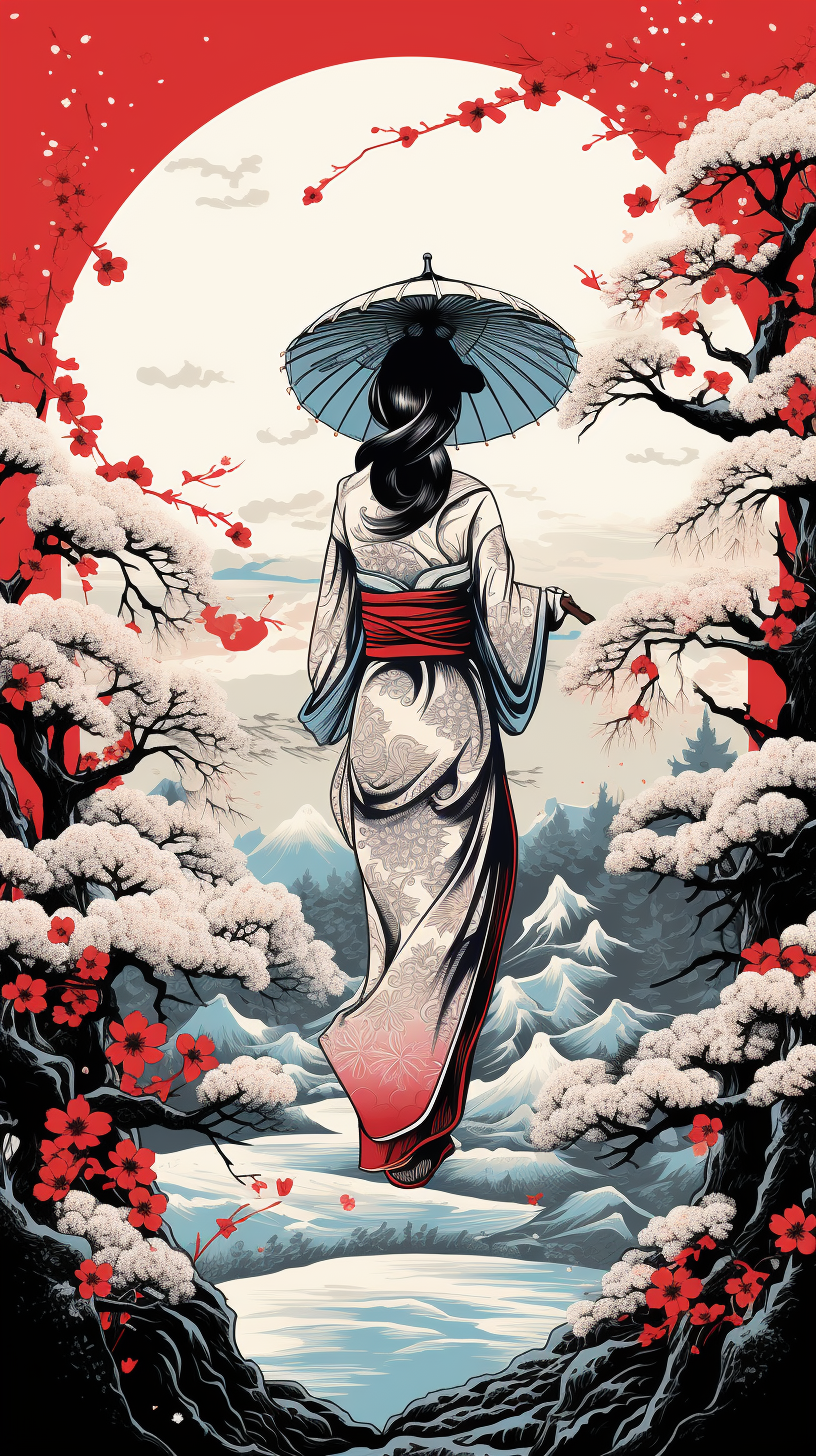 Geisha holding umbrella in ukiyo-e style