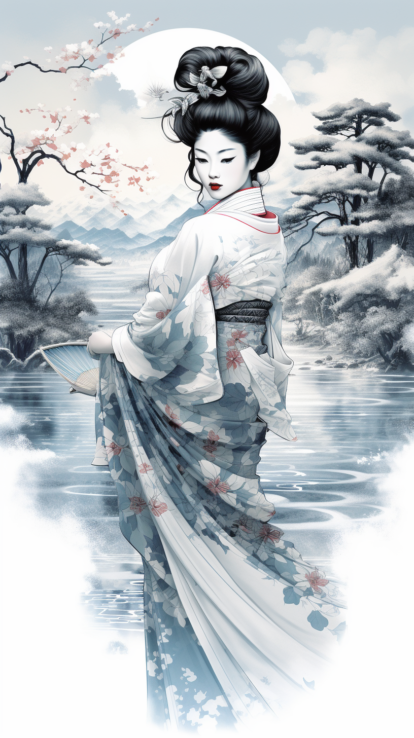 Geisha with Family of Swans by the Lake