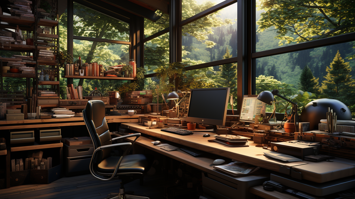 Generous home office with dual workstations and garden view