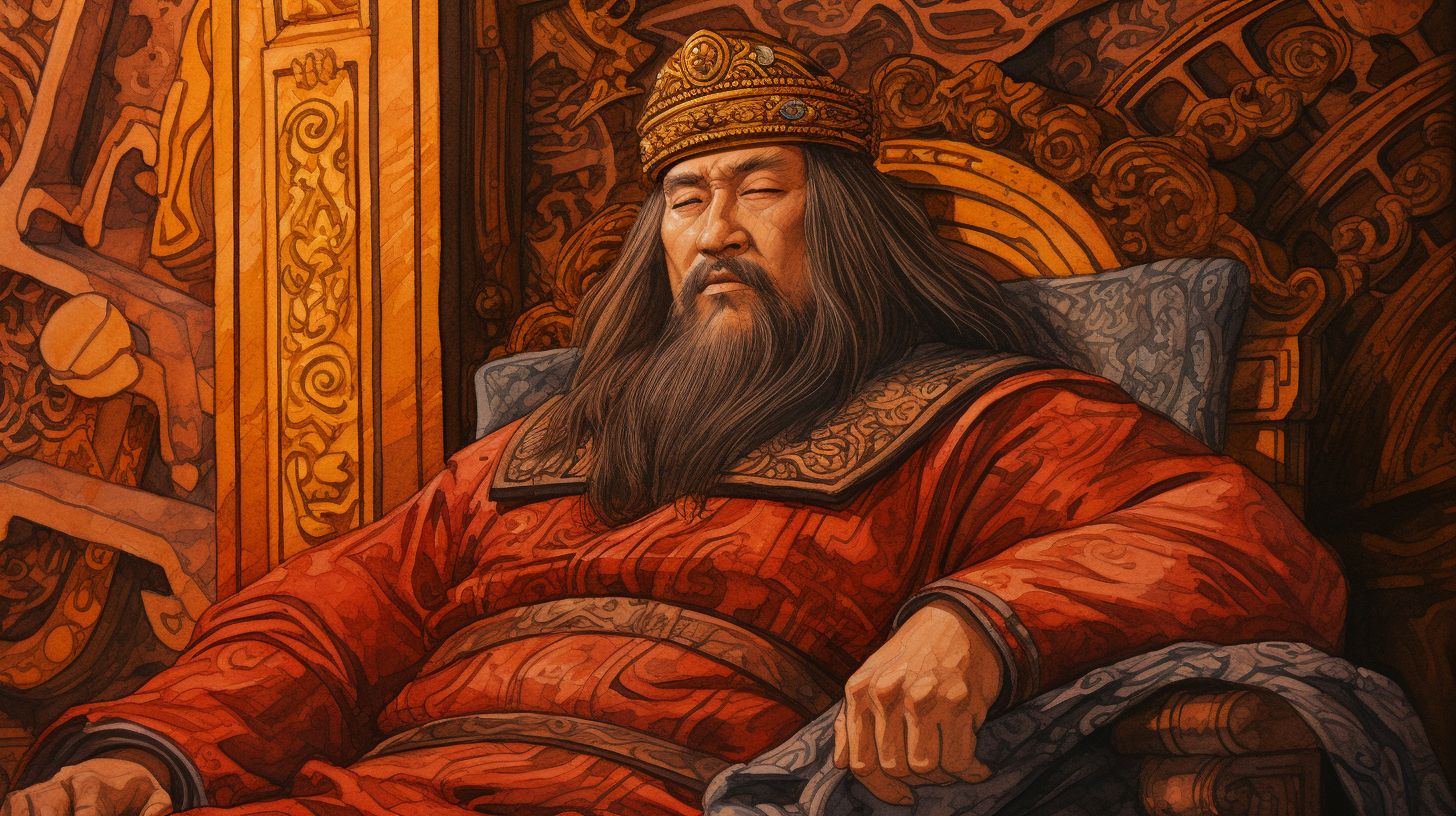 Genghis Khan contemplating on his throne