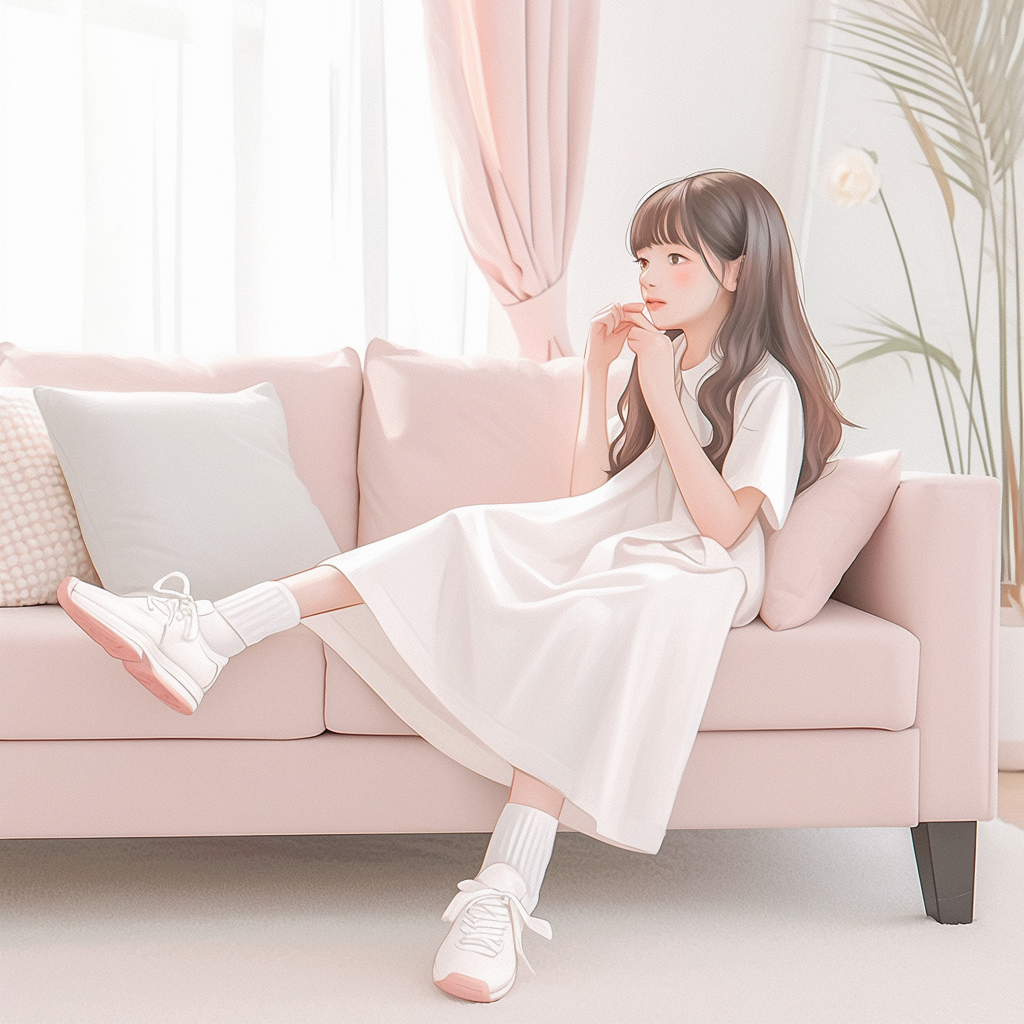 Cute girl on sofa with white sneakers